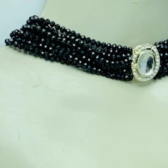 Black Beaded Necklace, Handmade Black Beaded Multilayered Choker Necklace - Picture 2 of 8